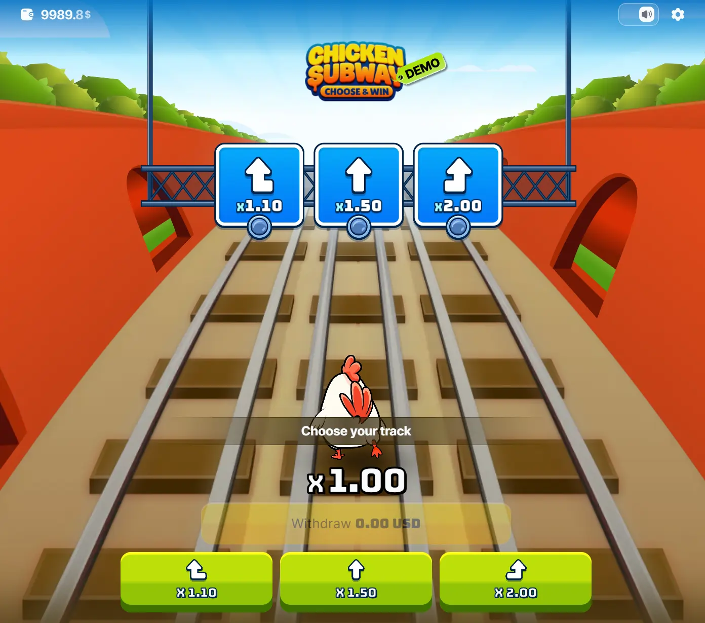 Chicken Subway Demo Spielansicht mit drei Track-Optionen und Multiplikatoren